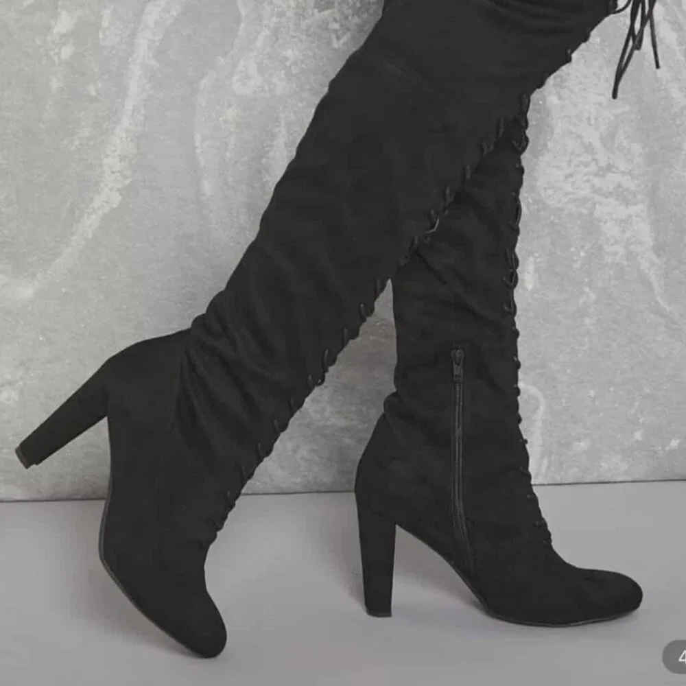 Faux Suede Lace-Up Bow Decor Thigh-High Boots Size 8